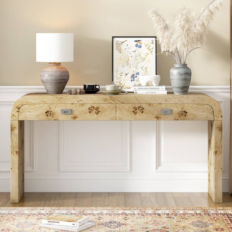 Wood Veneer Modern Entryway Table with Curved Table Top Edges, Accent Wood Grain Console Table with 2 Drawers