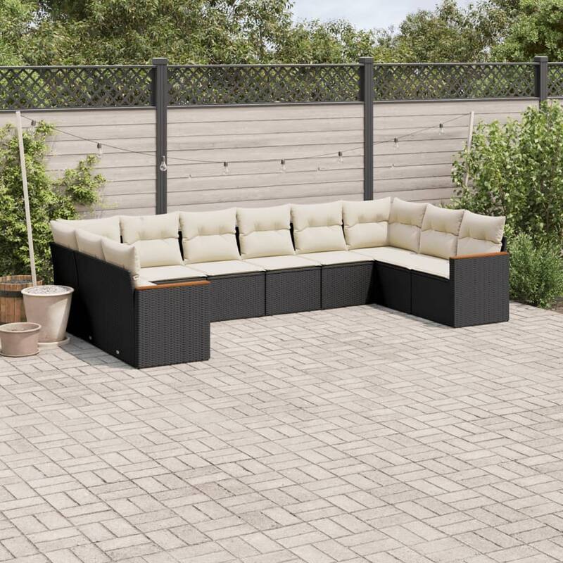 vidaXL Patio Sofa Set with Cushions Outdoor Conversation Furniture Poly Rattan - 24.4 x 24.4 x 27.2 in - Black and cream without table