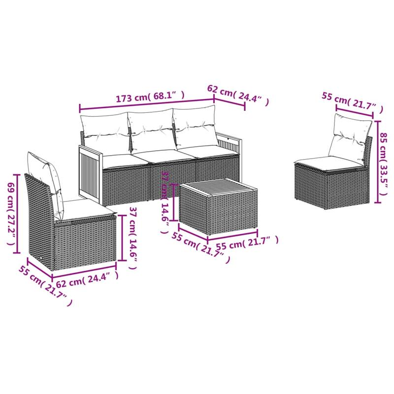 vidaXL Patio Sofa Set with Cushions Outdoor Conversation Furniture Poly Rattan