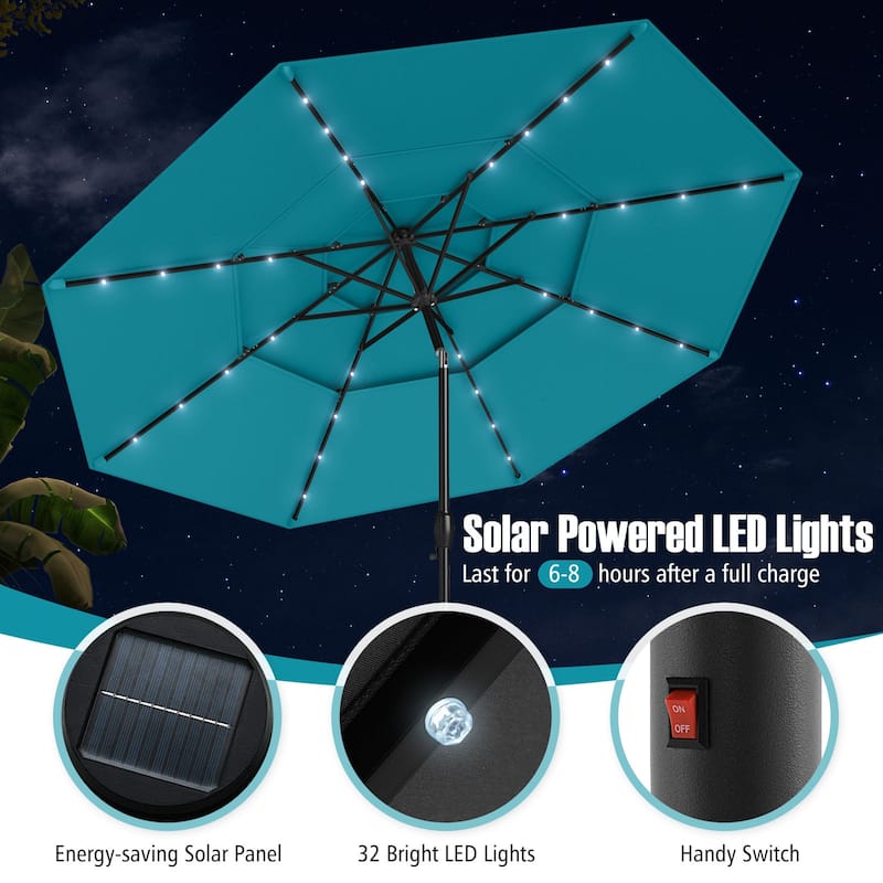 Gymax 10 FT Solar Patio Umbrella w/ 32 LED Lights 3-Tier Vented Top