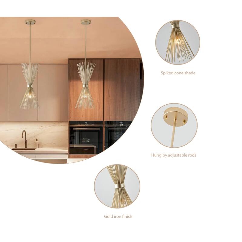 1 Light Gold Iron Pendant With A Spiked Cone Shade