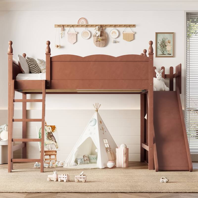 Full Loft Bed with Storage Shelves and Wardrobe, Solid Wood Loft Beds with Detachable Slide and Ladders, No Spring Box Needed