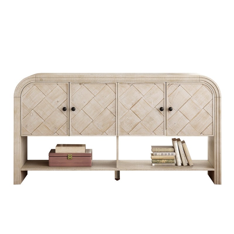 Versatile 60" Console Table with Woven Wood Slats and Solid Wood Veneer for Entryway or Living Room