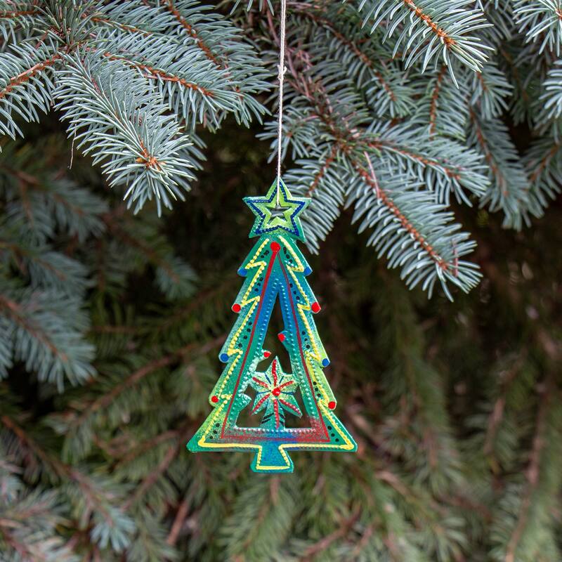 Bright Star and Christmas Tree Haitian Metal Drum Ornaments, Set of 2 - N/A