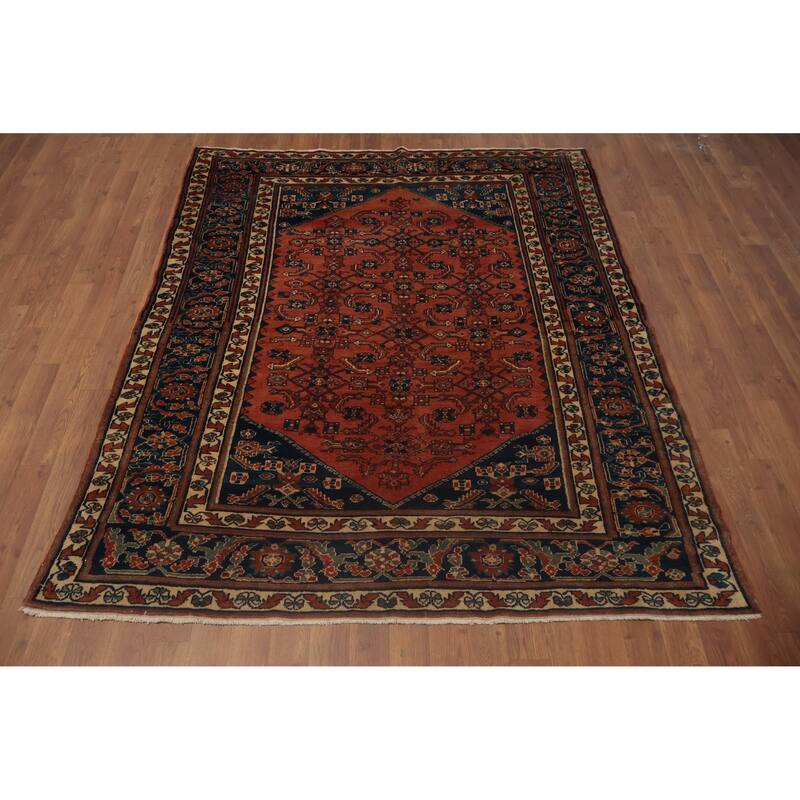 Hand Knotted Oriental 100% Wool Carpet Traditional Geometric Oranges & Rust Malayer Area Rug - 6' 3'' X 5' 1''