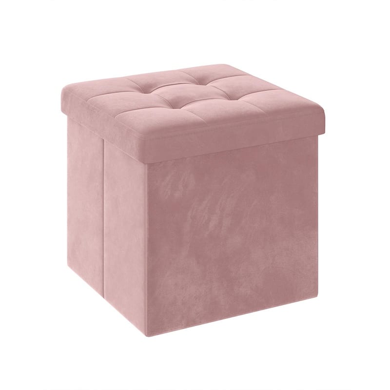 Velvet Foldable Storage Ottoman with Padded Seat and Hidden Compartment for Living Room or Entryway - 15 x 15 x 15 Inches - Jelly Pink