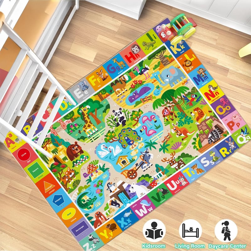 Kids Area Rug for Playroom, Non Slip ABC Animal Shape Color Kids Classroom Carpet Rug, Washable Play Mat Rug