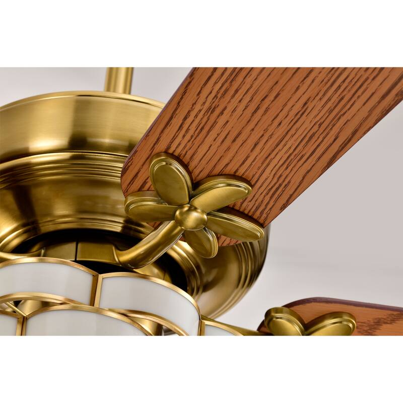 Pagamon Brass 3-Light 5-Blade Wooden Lighted Ceilng Fan with Opaque Glass Weave Shade