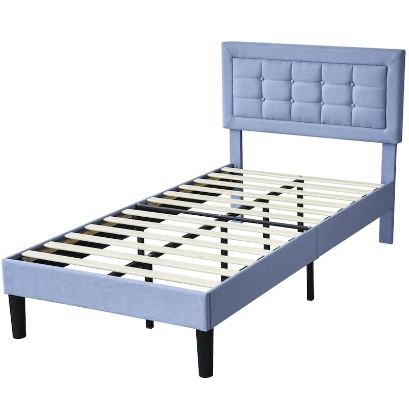 VECELO 2-Piece Adjustable 41-47" Height Twin Bed Frame for Kids Soft Padded Headboard with Button Tufting No Box Spring Required