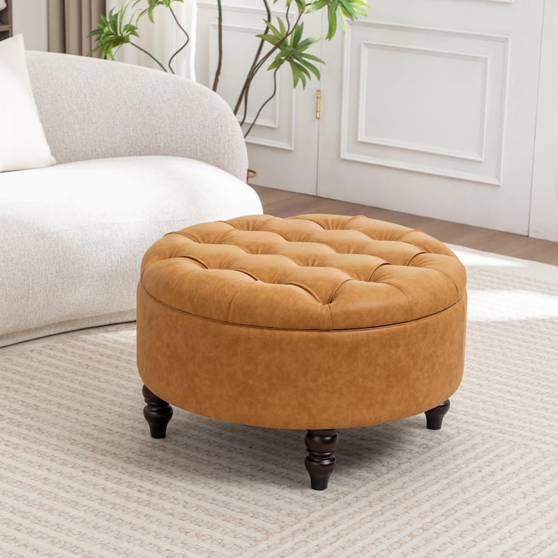 SEYNAR 29.5''Modern PU Leather Round Storage Ottoman with Wood Legs - Mustard