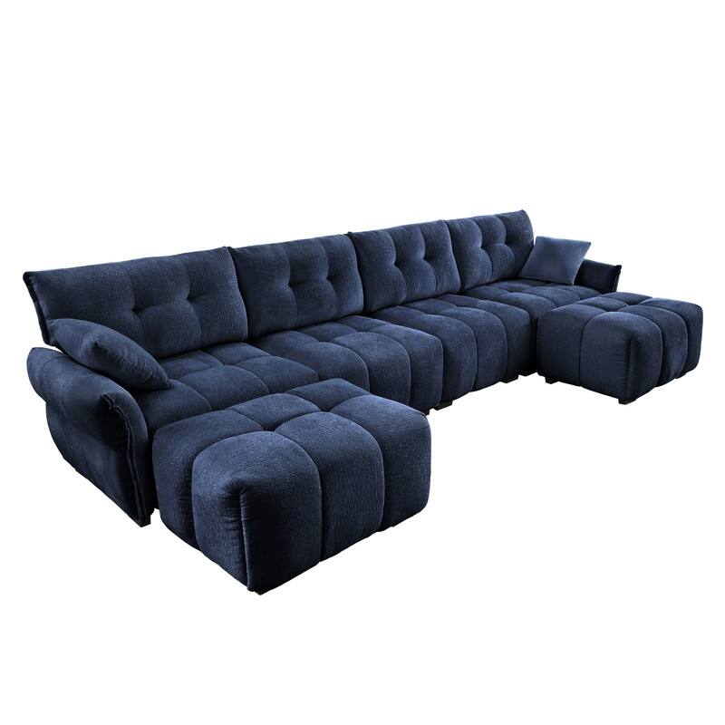 141.7" Chenille 4 Seater Upholstered Sofa with 2 Ottoman