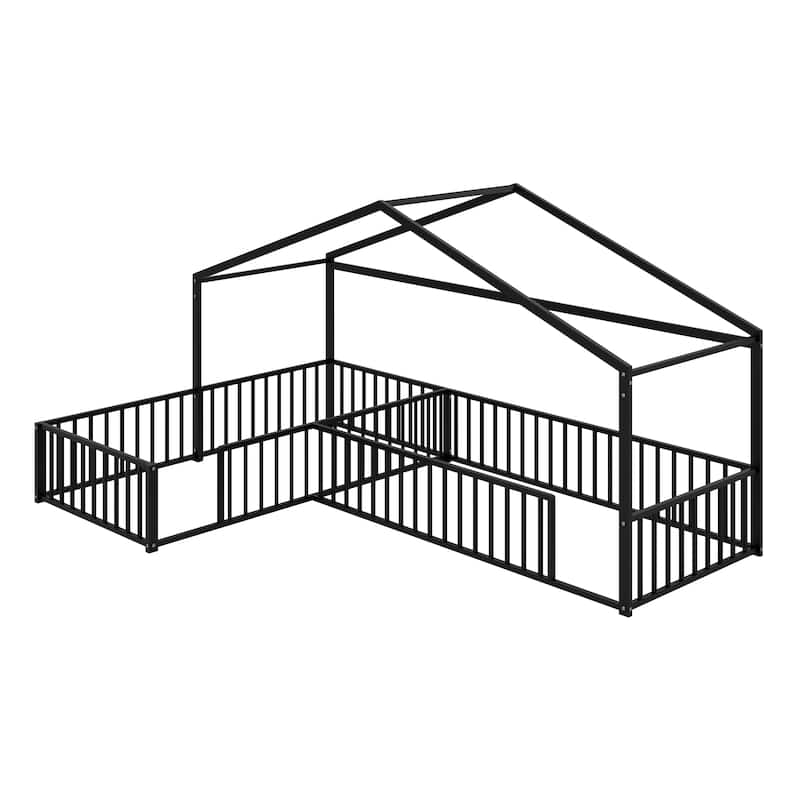 Twin Size L-shaped Corner Montessori Bed with Fence, Metal House-shaped Bed Frame, Without Slats, Floor House Bed for 2 Kids