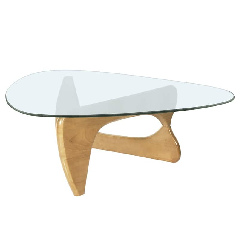Triangle Glass Coffee Table with Solid Wood Base for Living Room