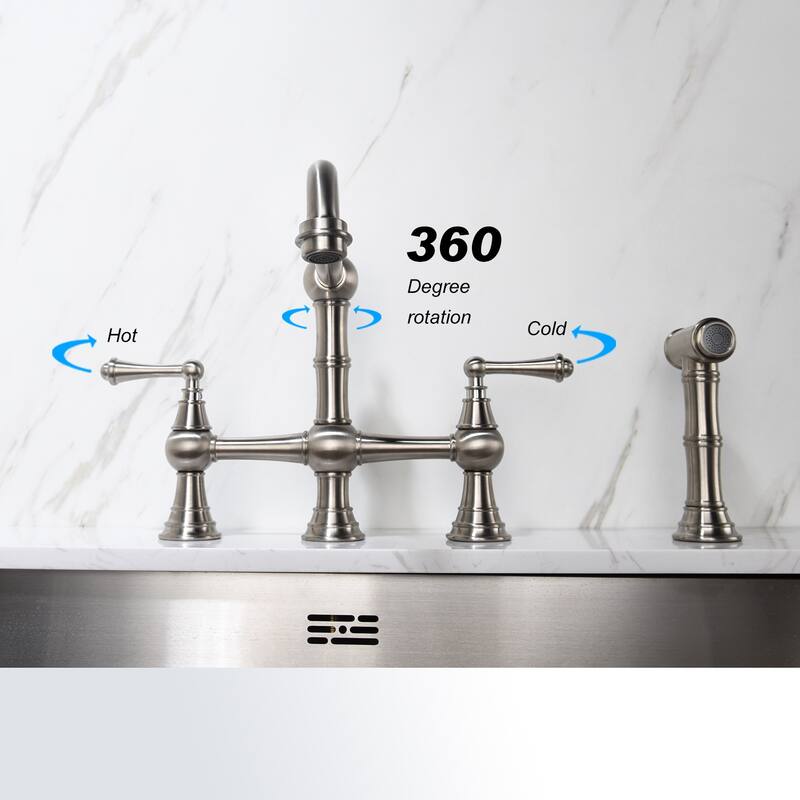 Chrome Two Handle Bridge Kitchen Faucet with Pull-Out Side Spray