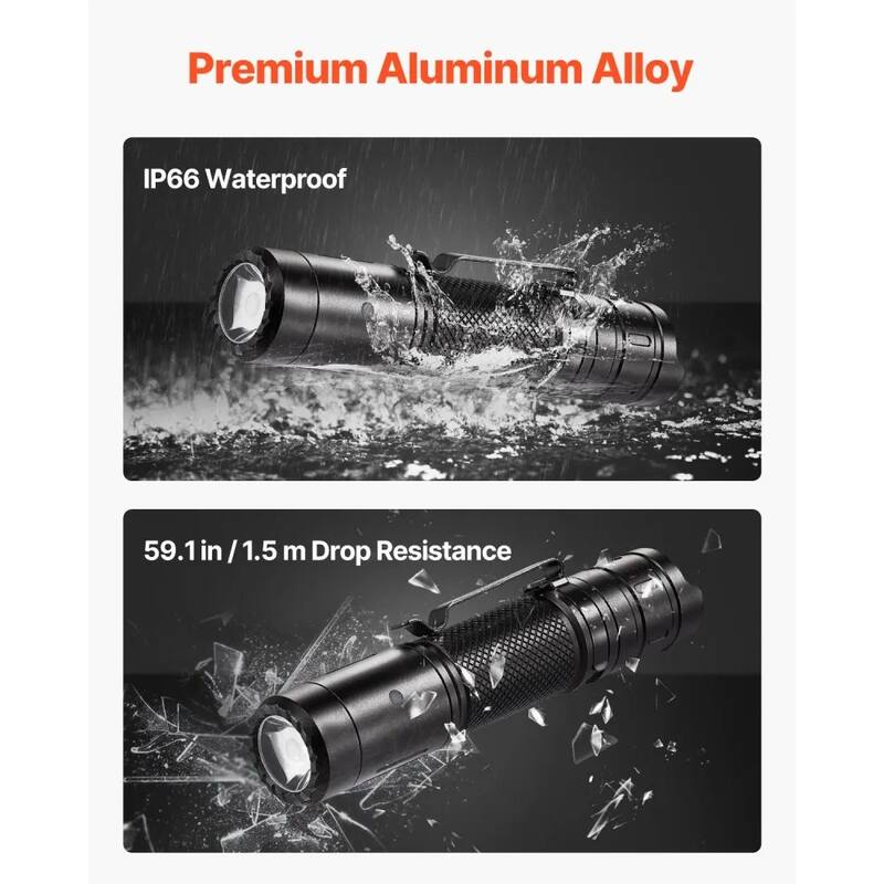 Black Rechargeable LED Flashlight 1200 Lumens with 6 Modes IP66 Waterproof - 1.2 × 1.0 × 4.8 in