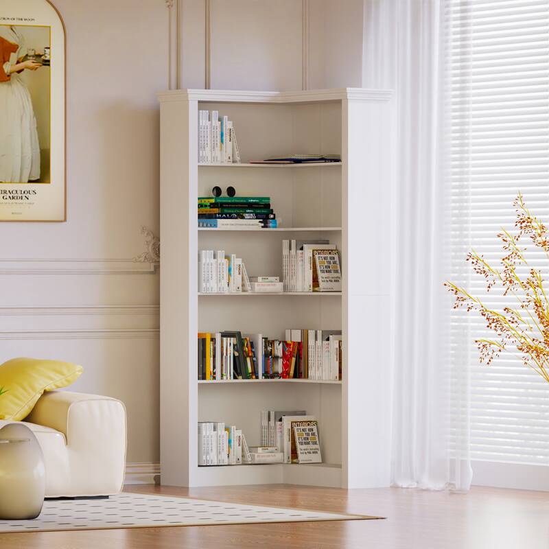 5-Tier Corner Bookshelf, 32" Tall Open Storage Shelf - Adjustable Height Wooden Bookcase for Living Room, Bedroom - white