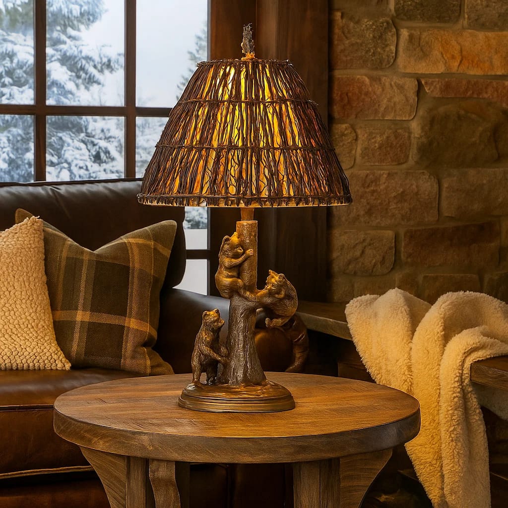 150 Watt Resin Body Table Lamp with Bear Design and Twig Shade, Bronze