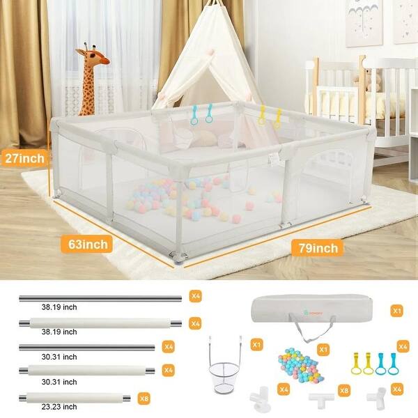 Infant 79"x63" 4-Panel Baby Playpen Spacious & Secure Foldable Playard White