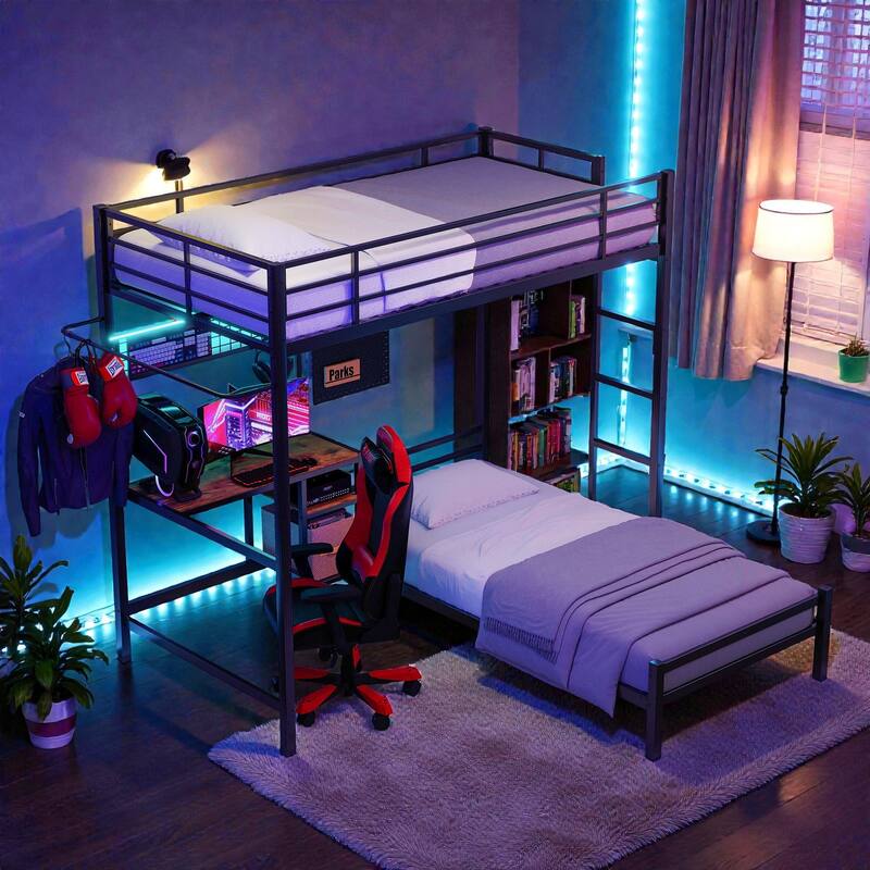 Twin Over Twin Metal Bunk Bed with L-Shaped Desk, Storage Shelves and Drawers, Loft Bunk Bed with Guardrail