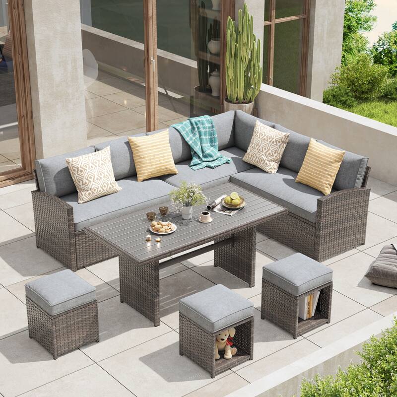 Outdoor 7-piece Wicker Dining Set Patio Sofa Furniture - Grey