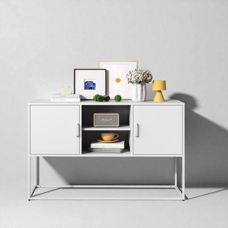 Modern Metal Sideboard Buffet with Anti-Tilt Safety, Elegant Handles, and Spacious Storage for Kitchen or Dining Room - White