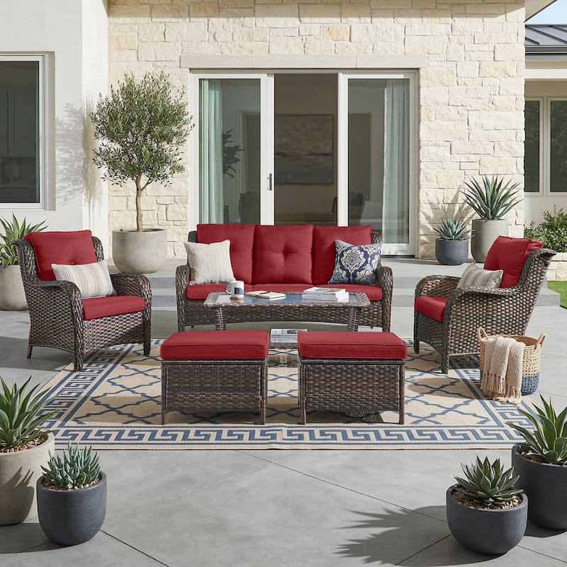 Pocassy Outdoor Patio Wciker Sofa Furniture Set of Chair Table. - Brown Wicker with Red Cushion - 6-Piece Sofa Wicker Chair Ottoman w/ Table