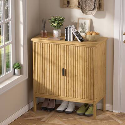 VEIKOUS Bamboo Buffet Sideboard with Waveform Fluted Doors, Kitchen Storage Cabinet