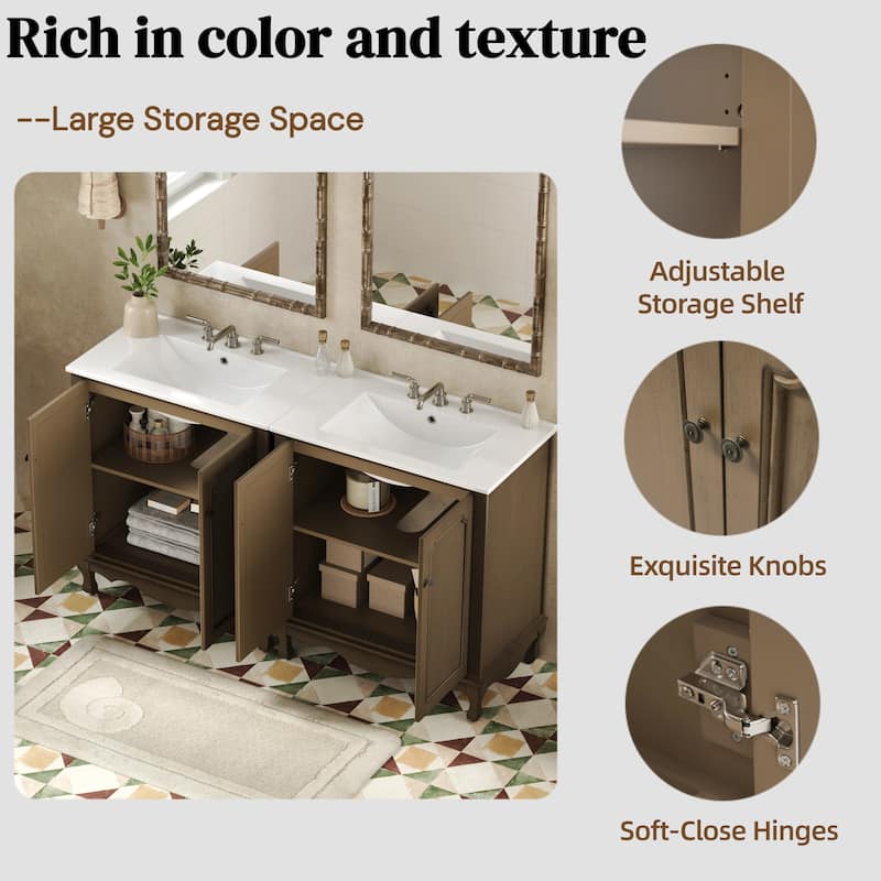 30-Inch Vintage Bathroom Vanity, Rectangle Ceramic Sink, 2 Doors, Solid Wood Legs and Adjustable Shelves