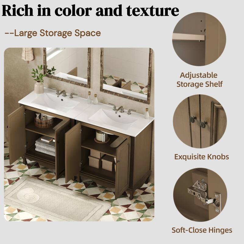 60" Double Sinks Bathroom Vanity Set, Vintage Bathroom Cabinet with Two Separate Ceramic Sink and Antique Knobs