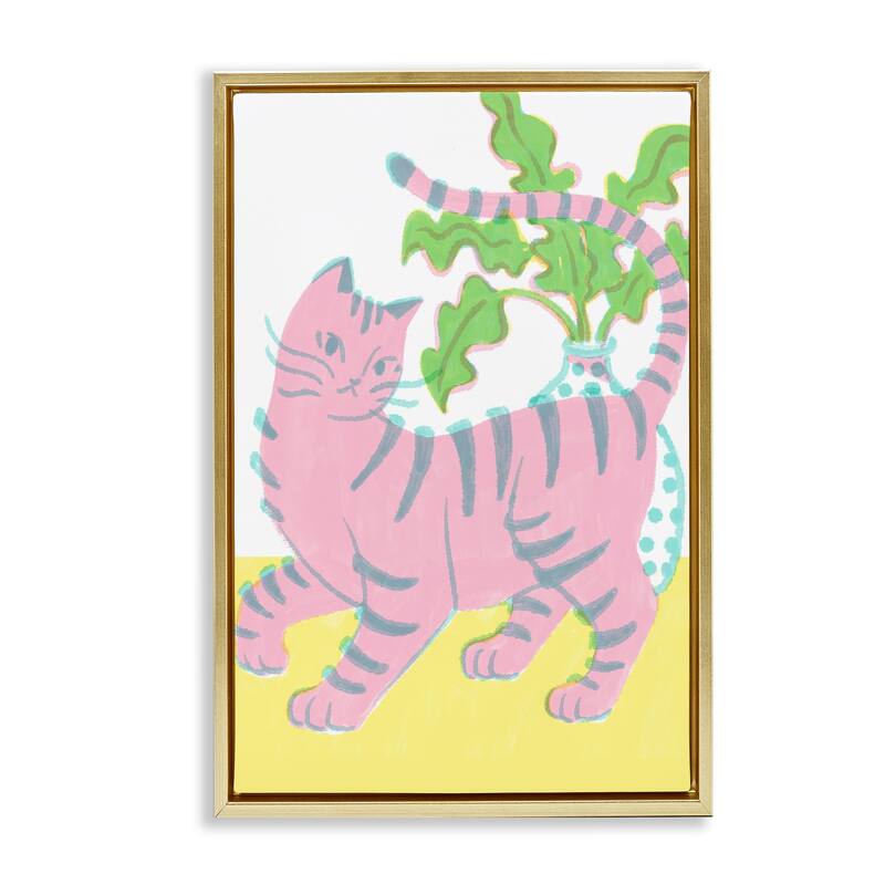 Stupell Pink Cat & House Plant Framed Floater Canvas Wall Art Design By Hannah Moren - 21 x 31 - Gold