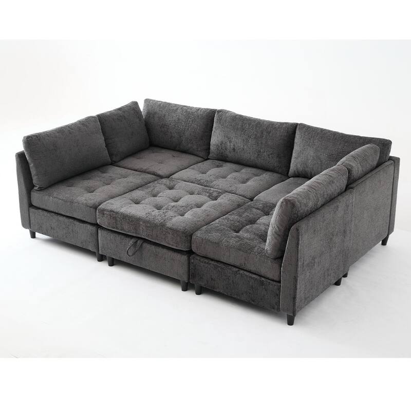128" Chenille U-Shaped Modular Sectional Sofa with Storage Ottoman, Pocket Spring Support, and 6-Seat Configurable Design
