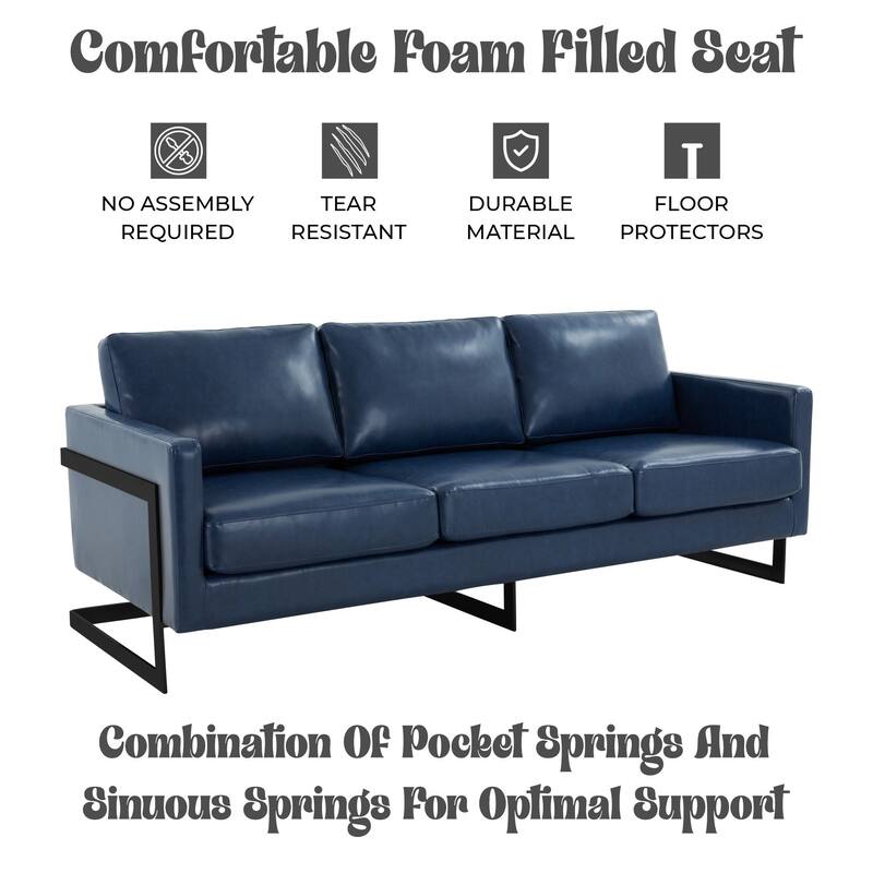 Lincoln Modern Minimalist Leather 3-Seater Sofa Couch w Removable Cushions in Stainless Steel Base for Living Room Bedroom