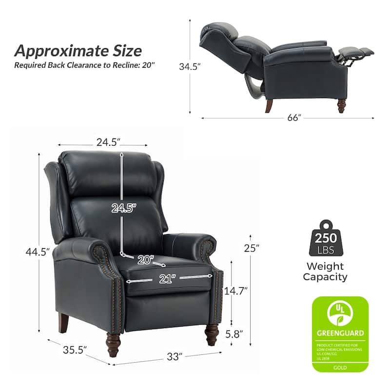 Noemon Genuine Leather Recliner with Nailhead Trims