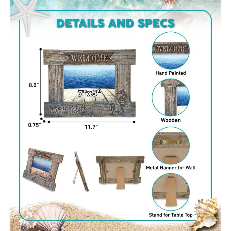 CoTa Global Driftwood Sea Horse White Distressed Wood 7X5 Photo Frame - 11.7 inches