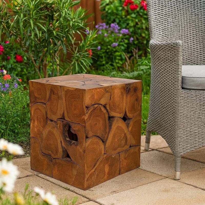 Anuv Square Side Table Stool with Grained Details, Brown Solid Teak Wood