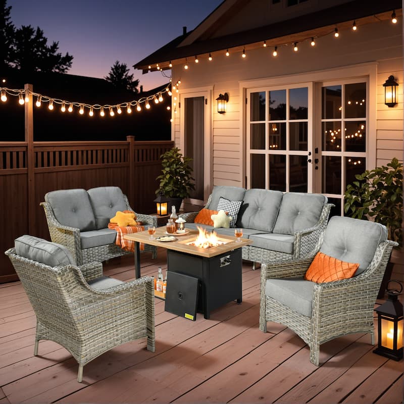 XIZZI 5-Piece Patio Wicker Furniture Conversation Set with Firepit