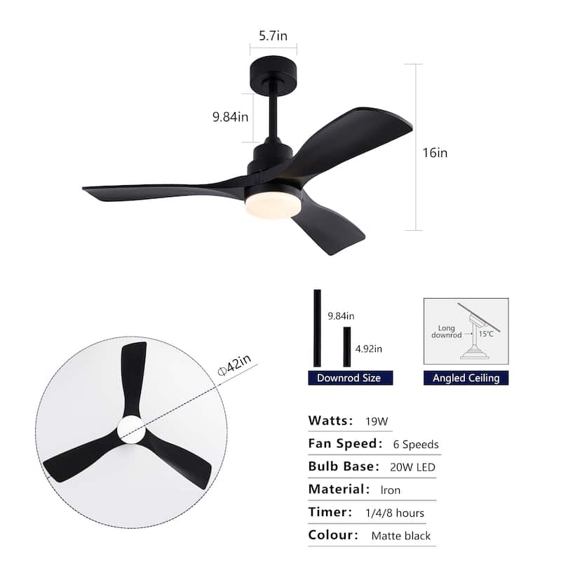 42 Inch Black Ceiling Fan with Lights and Remote, 3-Blade, Noiseless Reversible DC Motor - Modern Patio Fan