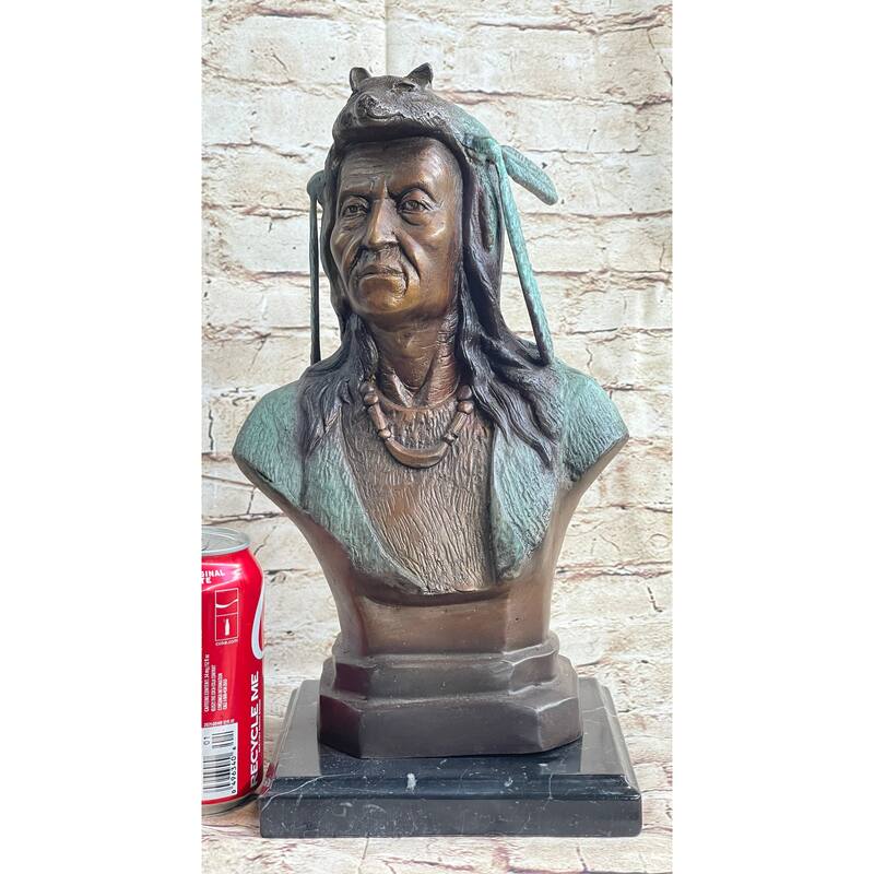 Native American Indian In Wolf Headdress Bronze Bust Statue Sculpture 14 Inches X 8 Inches
