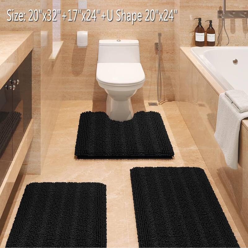 Ultra Soft Striped Non Slip Chenille Bathroom Rug Set 3 Pieces