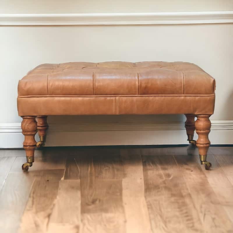 Artisan Furniture Solid Wood Buffalo Tan Leather Ottoman with Castor Legs - Beige - Medium