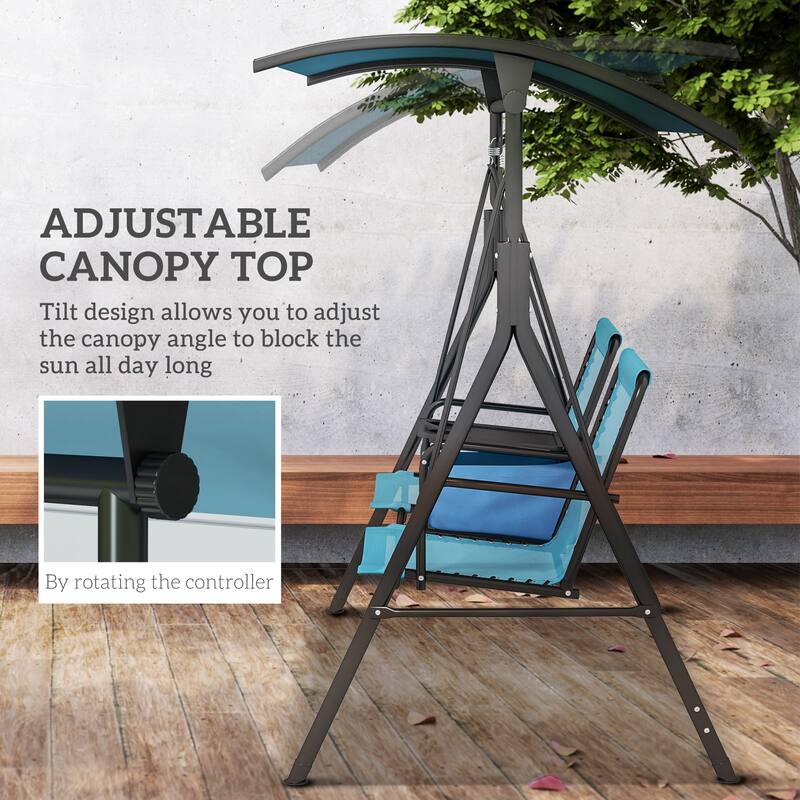 2-Seat Outdoor Canopy Swing Chair with Pivot Storage Table, Cup Holder & Adjustable Shade