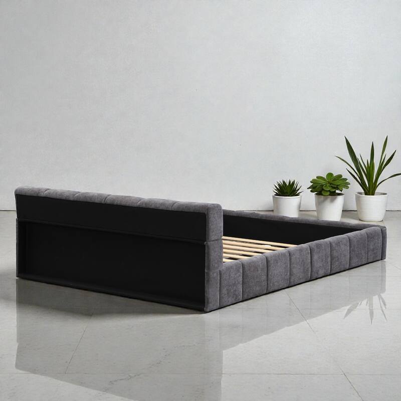 Chenille Upholstered Queen/King Bed with Checkerboard Headboard, Soft Fabric Platform Bed Frame, Modern Elegant Design