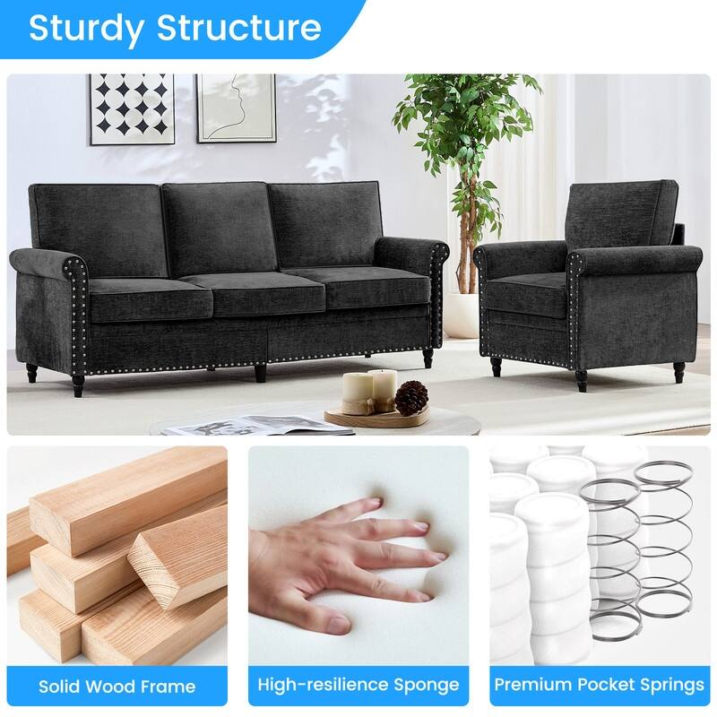 Mixoy Chenille Fabric 3-Seater Sofa Couch with Single Sofa Chair with Rivet Design,Solid Wood Gourd Legs for Living Room - 3+1