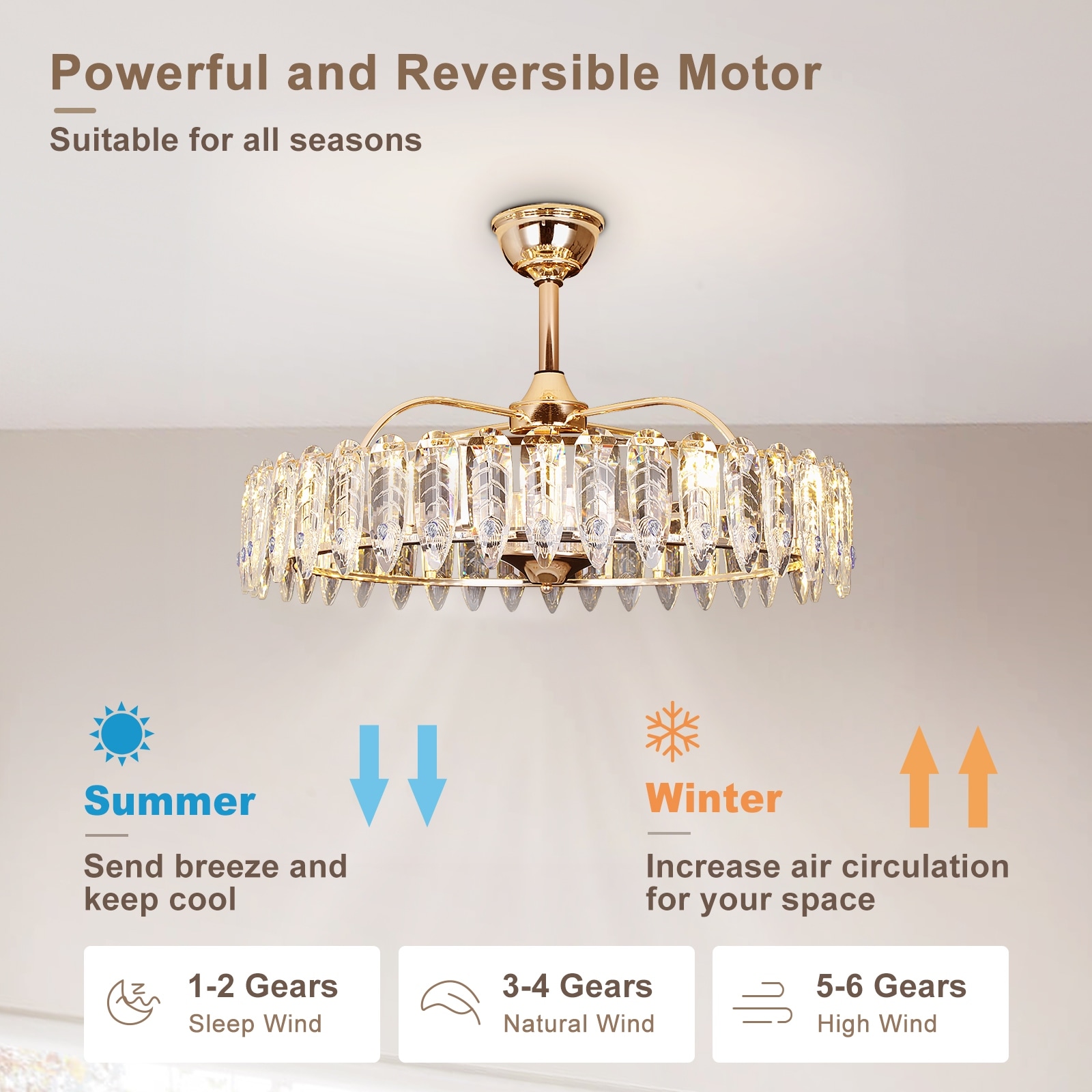 Gold Crystal Chandelier Ceiling Fan with Reversible Motor