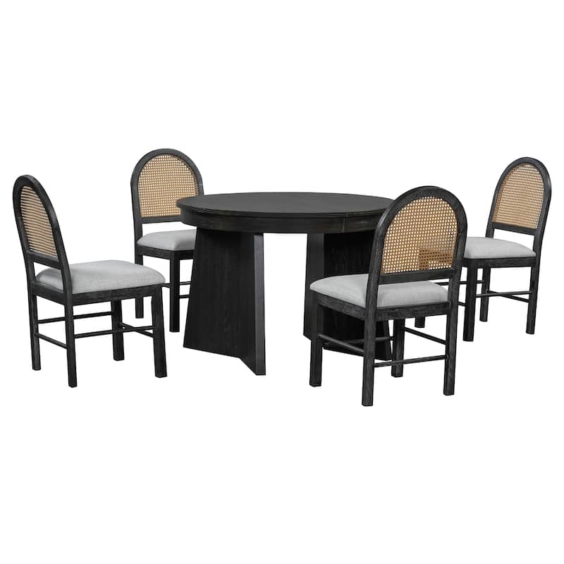 5-Piece Round Dining Set with 4 Upholstered Chairs and Extendable Table for Family Meals and Gatherings