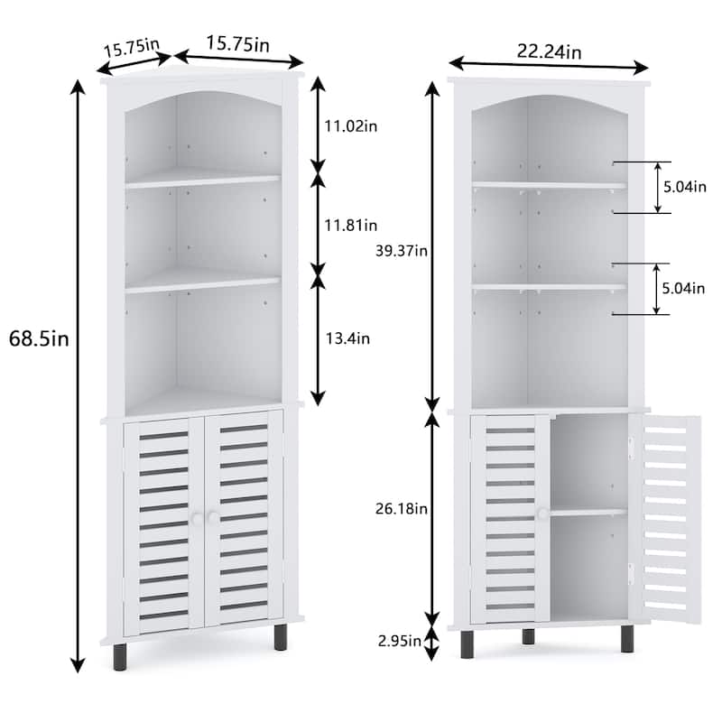 VECELO 68.5" Tall Triangle Corner Bookcase with Adjustable Open Shelves Magnetic Shutter Doors Storage Cabinet for Living Room