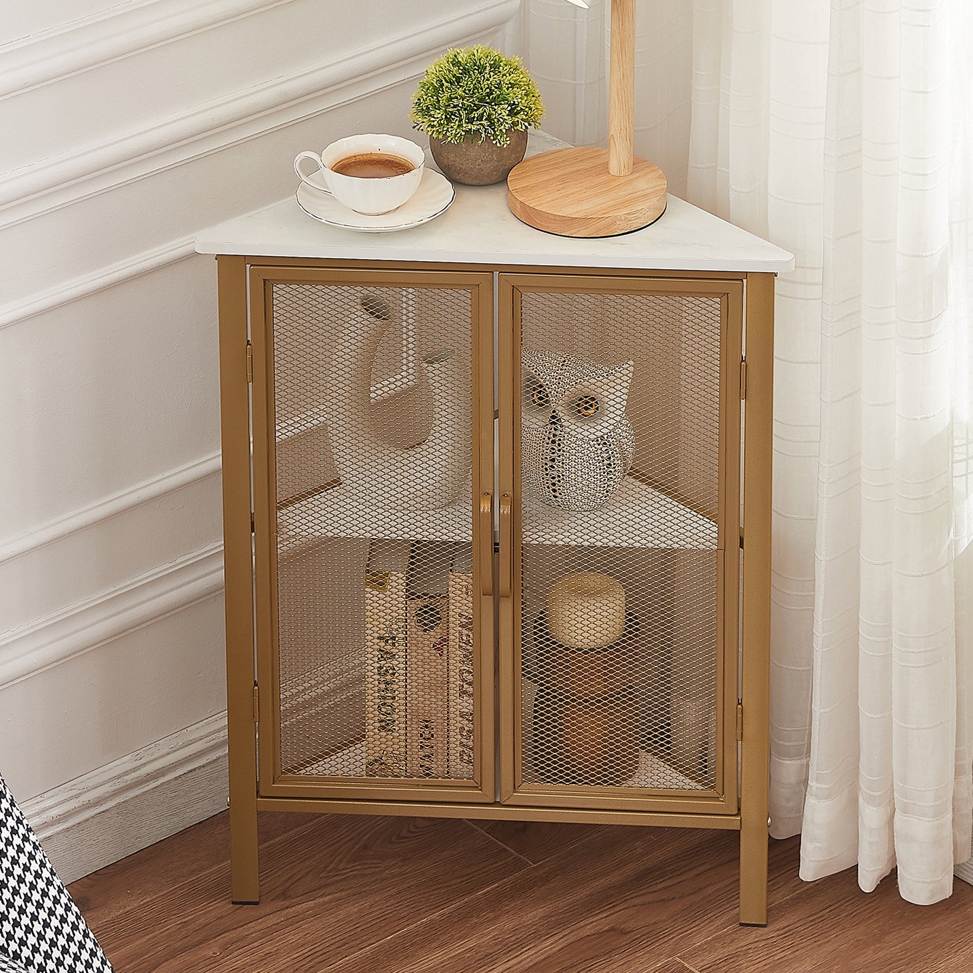 VECELO Corner Storage Cabinet with Wooden Shelves Free-Standing Organi