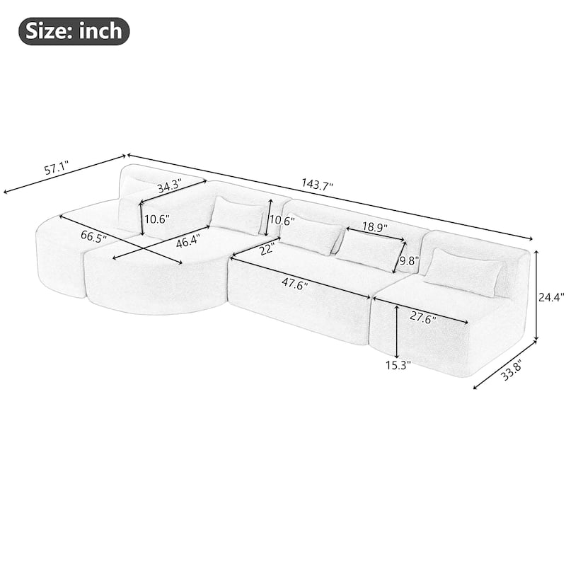 Free-combined Upholstered Sofa Couch with Two Curved Chaise Lounge and Removable Cover