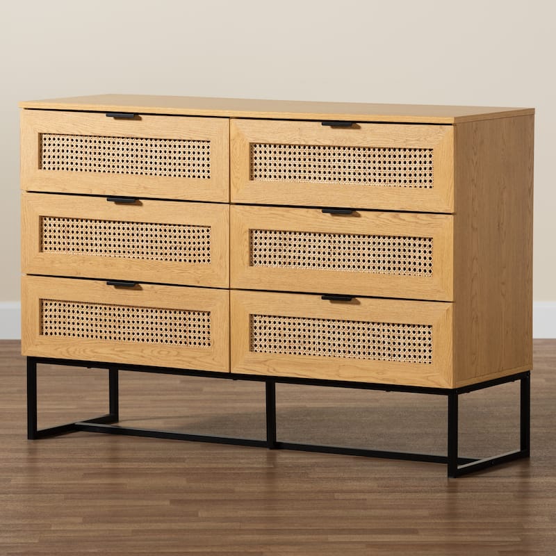 Sawyer Mid-Century Modern Industrial Oak Brown Finished Wood and Black Metal 6-Drawer Storage Cabinet with Natural Rattan