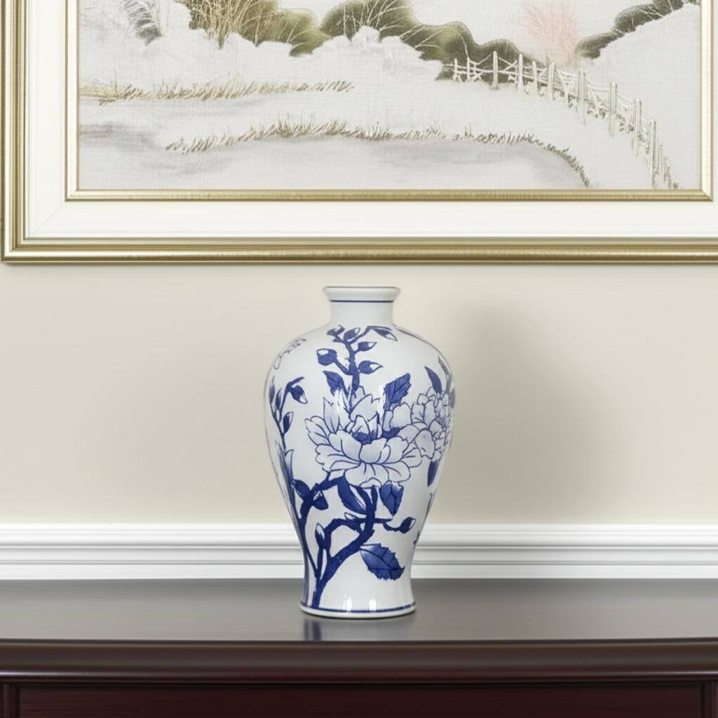 10" Blue And White Floral Round Porcelain Table Vase - 6.50